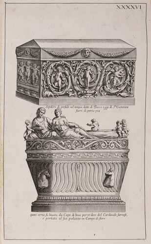 Sepolcro di porfido nel tempio detto di Bacco / Quest' urna fu levata da Capo di bove per ordine del cardinale farnese