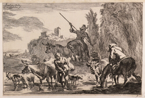 Pastores con ganado vadean un río