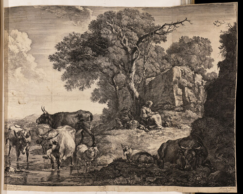 Pastor y pastora descansan bajo un árbol con su ganado junto a un río