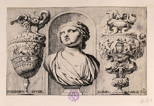 Busto de mujer en una hornacina entre dos vasos figurados