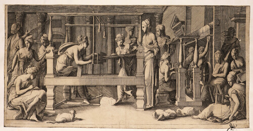 Pénelope en su taller de hilado con sus sirvientas