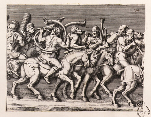 Soldados de caballería con instrumentos musicales