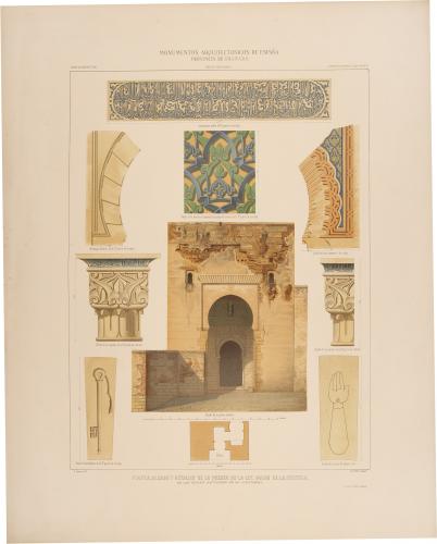 Granada. Planta, alzado y detalles de la Puerta de la Ley, vulgo de la Justicia, en los Reales Alcázares de la Alhambra