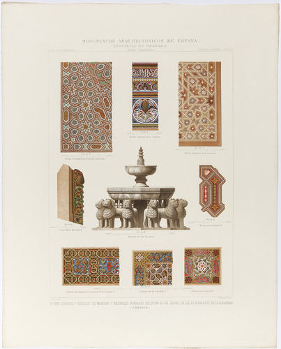 Granada. Fuente central y detalles de maderas y mármoles pintados del Patio de los Leones, en los Reales Alcázares de la Alhambra