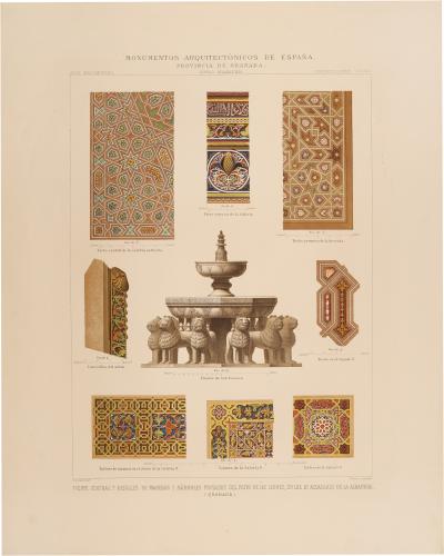 Granada. Fuente central y detalles de maderas y mármoles pintados del Patio de los Leones, en los Reales Alcázares de la Alhambra