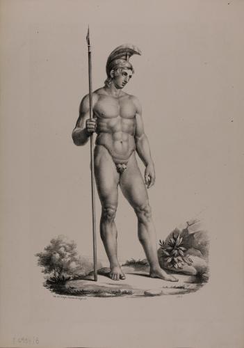 Desnudo masculino con casco y lanza, de pie