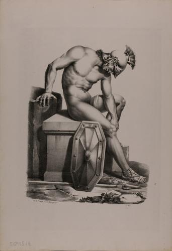 Desnudo masculico con casco, escudo y lanza sentado