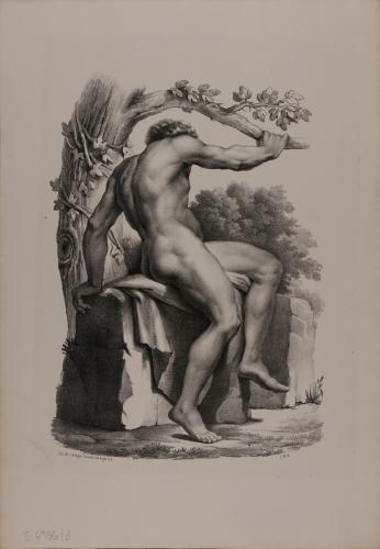Desnudo masculino sentado con los brazos detrás de la espalda