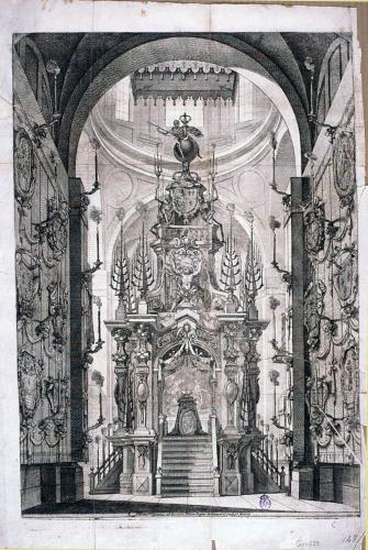 [Túmulo levantado en la iglesia de la Encarnación para las exequias de la reina Mª Luisa de Orleans]