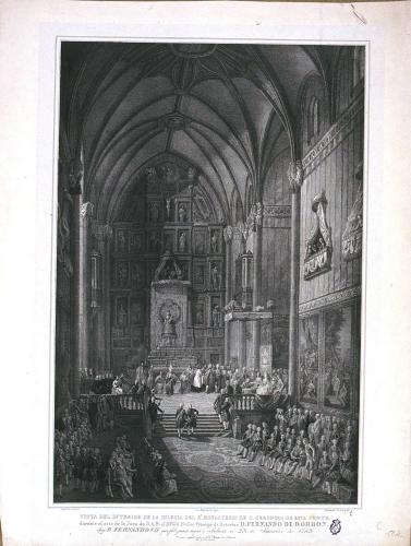 VISTA DEL INTERIOR DE LA IGLESIA DEL RL. MONASTERIO DE S. GERONIMO DE ESTA CORTE, durante el acto de la Jura de S.A.R. el Srmo. Señor Príncipe de Asturias D. FERNANDO DE BORBON, (hoy D. FERNANDO VII que felizmente reyna) celebrado el 23 de Setiembre de 1789