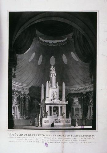 DISEÑO EN PERSPECTIVA DEL CENOTAFIO Y DECORACION GL. del interior del Templo, erigido para las Rs. Exequias de la REINA Nª. Srª. Dª. MARIA JOSEFA AMALIA de Sajonia, celebradas en 28 de Julio de 1829 en la Iglesia del Real Convento de S. Francisco el Grande de esta Corte