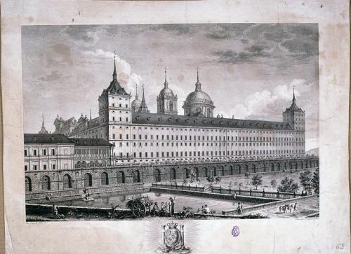 [Vista de la fachada principal del Real Monasterio de San Lorenzo del Escorial desde la entrada a la Huerta por la parte del Mediodía] 