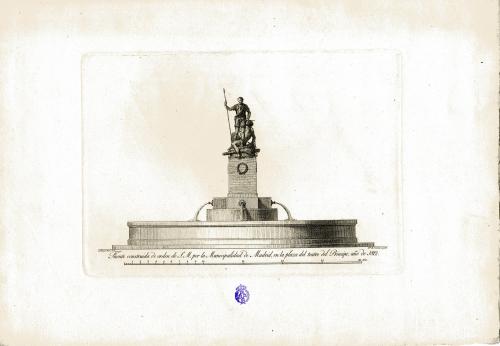 Fuente construida de orden de S.M. por la Municipalidad de Madrid, en la plaza del teatro del Principe, año de 1812