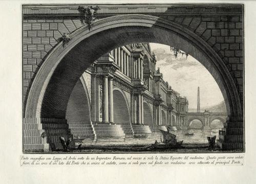 Ponte magnifico con Logge, ed Archi eretto da un Imperatore Romano, nel mezzo si vede la Statua Equestre del medesimo ... 