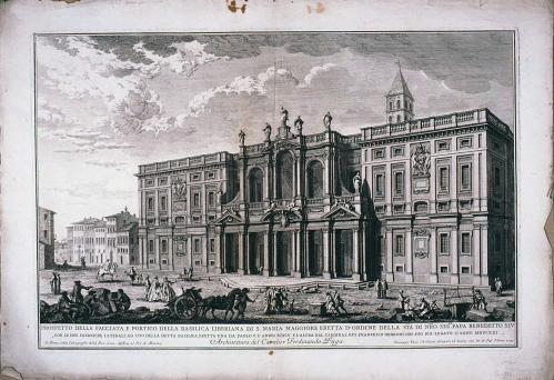 PROSPETTO DELLA FACCIATA E PORTICO DELLA BASILICA LIBERIANA DI S. MARIA MAGGIORE ERETTA D'ORDINE DELLA STÀ. DI NRO. SIGre. PAPA BENEDETTO XIV ... Architettura del Cavalier Ferdinando Fuga