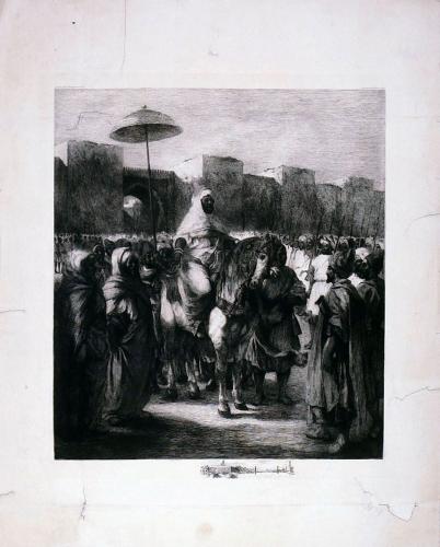 [El sultán de Marruecos Muley Abderramán y su séquito ante el palacio de Mequinés]
