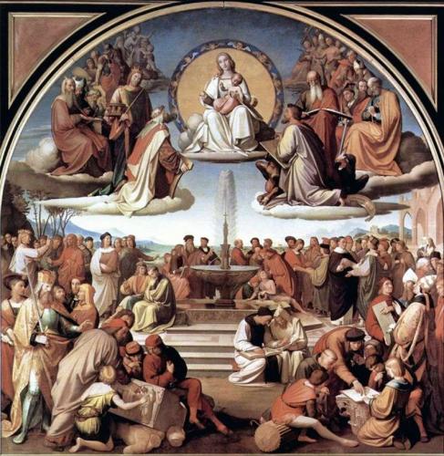 EL RENACIMIENTO DE LAS BELLAS ARTES DEBIDO A LA RELIGION CATOLICA. : CUADRO COLOSAL PINTADO POR OVERBECK EN ROMA, AÑO DE 1840