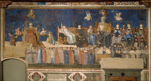 EL PRIMER PODER DE UN ESTADO, MODO CON QUE DEBE ESTAR CONSTITUIDO Y LAS VIRTUDES QUE DEBEN RODEARLE : FRESCO PINTADO EN SIENA POR AMBROSIO LAURENZIO AÑO DE 1338 Y GRABADO POR LA PRIMERA VEZ