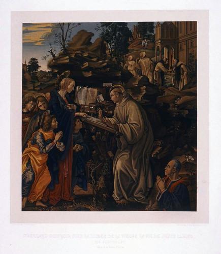 ST. BERNARD ECRIVANT SOUS LA DICTEE DE LA VIERGE LA VIE DE JESUS CHRIST. PAR FILIPPINO LIPPI Eglise de la Badia a Florence