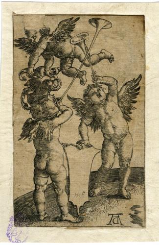 [Tres putti con trompetas, escudo y casco]