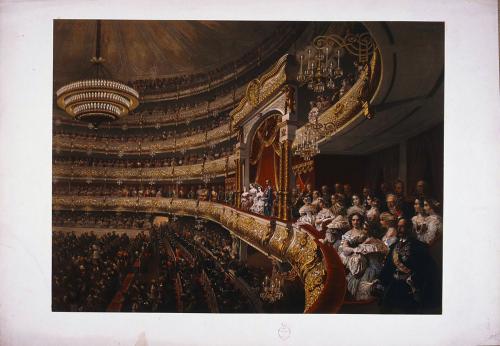 [FUNCIÓN de gala en el teatro de San Petersburgo con Alejandro II y familia en el palco imperial]