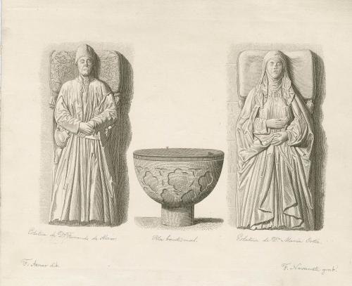 Estatua de Dn. Fernando de Alcocer ; Pila bautismal ; Estatua de Dª. Maria Ortiz