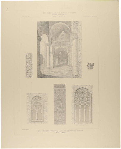 Oviedo. Vista interior y detalles de la Iglesia de San Miguel de Linio