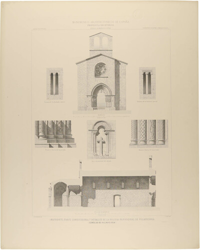 Oviedo. Villaviciosa. Imafronte, corte longitudinal y detalles de la Iglesia parroquial de Villaviciosa