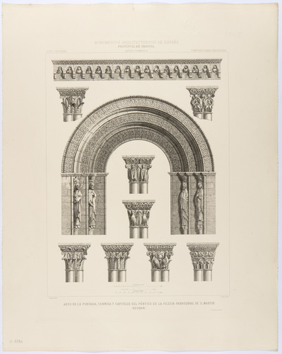 Segovia. Arco de la portada, cornisa y capiteles del pórtico de la iglesia parroquial de San Martín