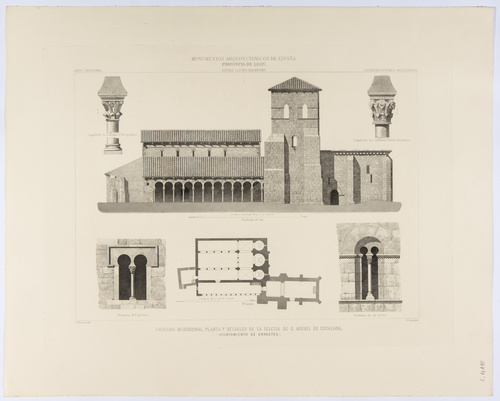 León. Gradefes. Fachada meridional, planta y detalles de la iglesia de San Miguel de Escalada