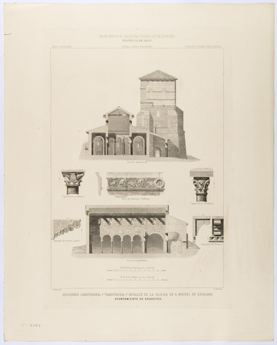 León. Gradefes. Secciones longitudinal y transversal y detalles de la Iglesia de San Miguel de Escalada