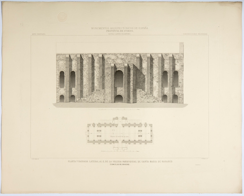 Oviedo. Planta y fachada lateral al S. de la iglesia parroquial de Santa María de Naranco