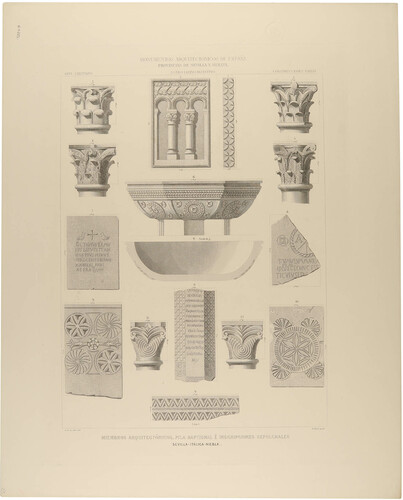 Sevilla. Itálica. Niebla. Miembros arquitectónicos, pila bautismal e inscripciones sepulcrales 