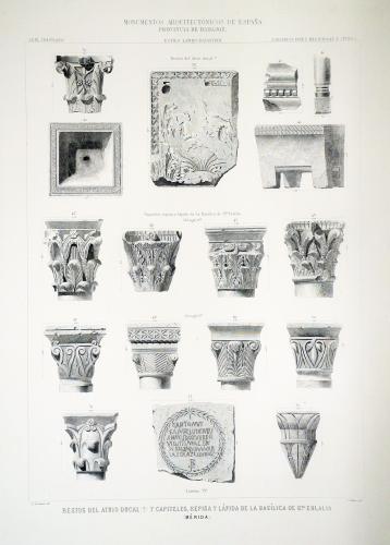 Badajoz. Mérida. Restos del atrio ducal y capiteles, repisa y lápida de la basílica de Santa Eulalia 
