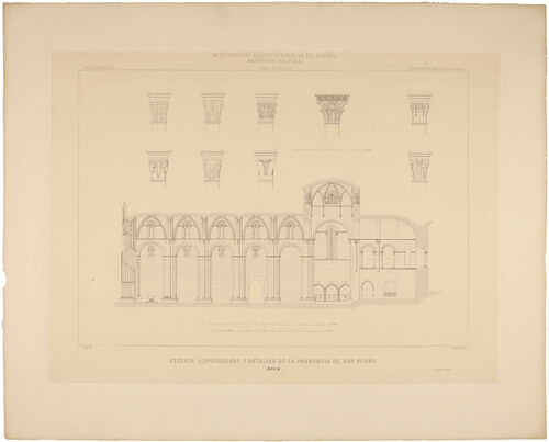 Ávila. Sección longitudinal y detalles de la parroquia de San Pedro 