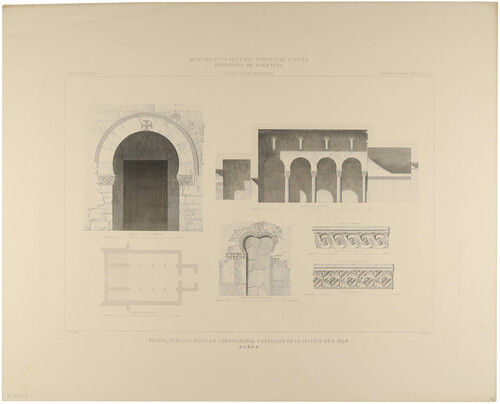 Palencia. Baños de Cerrato. Planta, portada, sección longitudinal y detalles de la Iglesia de San Juan 