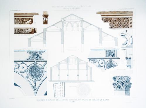 Toledo. Secciones y detalles de la antigua sinagoga, hoy iglesia de Santa María la Blanca