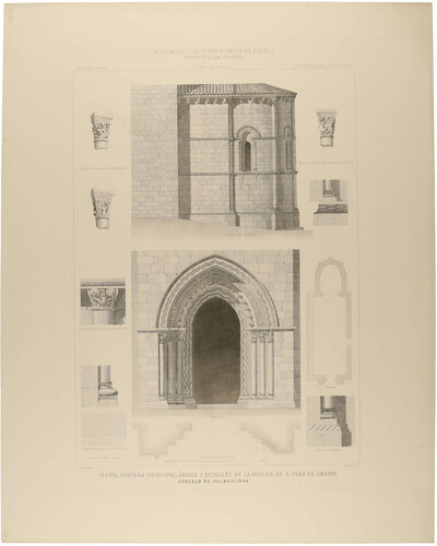 Oviedo. Villaviciosa. Planta, portada principal, ábside y detalles de la Iglesia de San Juan de Amandi