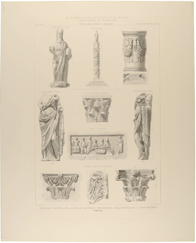 Badajoz. Mérida. Columna triunfal, ara, estatuas, capiteles, fragmentos arquitectónicos y bajo-relieve 