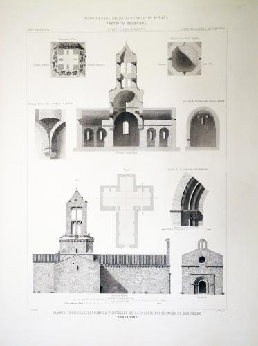 Gerona. Campodón. Planta, fachadas, secciones y detalles de la Iglesia benedictina de San Pedro 