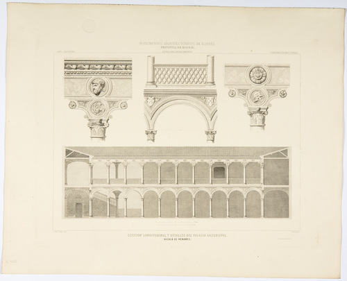 Madrid. Alcalá de Henares. Sección longitudinal y detalles del Palacio arzobispal