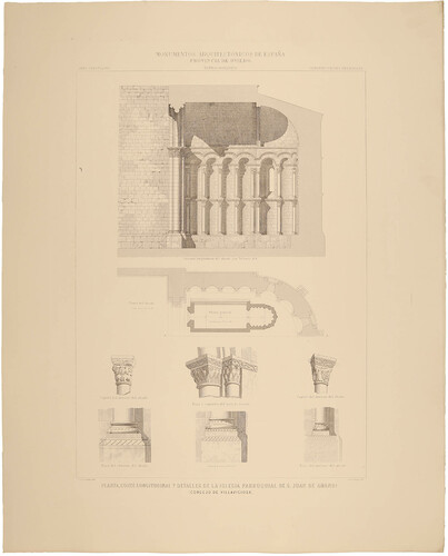 Oviedo. Villaviciosa. Planta, corte longitudinal y detalles de la Iglesia parroquial de San Juan de Amandi