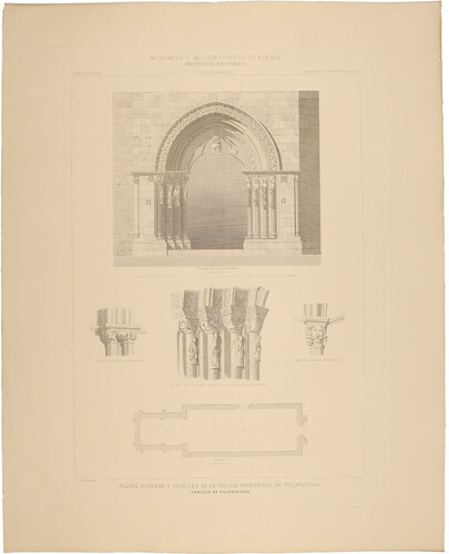 Oviedo. Villaviciosa. Planta, portada y detalles de la Iglesia parroquial de Villaviciosa