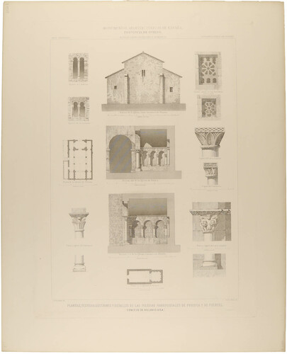 Oviedo. Villaviciosa. Planta, testero, secciones, testero y detalles de las iglesias parroquiales de Priesca y de Fuentes