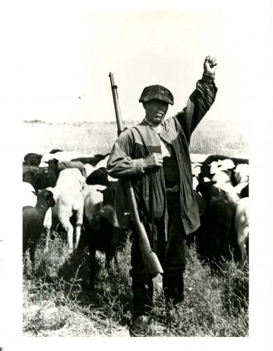 Miliciano pastoreando con rifle y el puño en alto