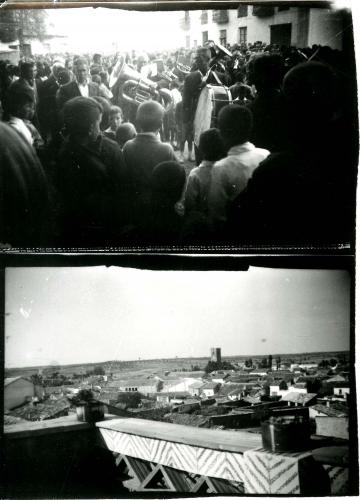 Dos fotografías, una de una procesión con orquesta y otra es la vista de un pueblo???