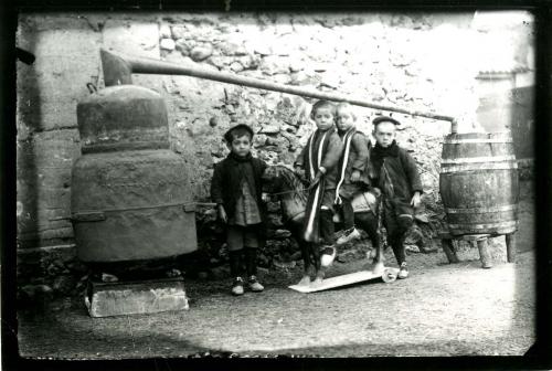 Retrato de cuatro niños con caballito de juguete