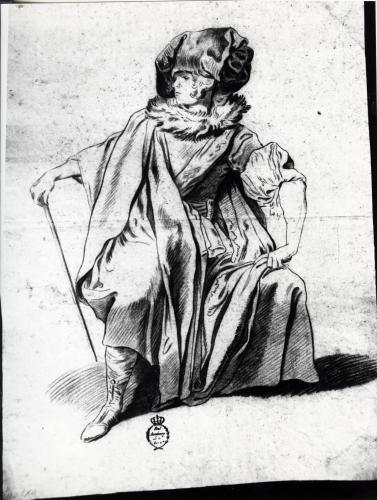 Estudio de joven sentado apoyado en un bastón con indumentaria exótica (Felipe de Castro)
