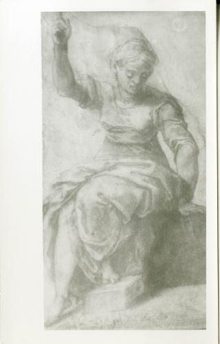 Estudio de figura femenina sentada de frente con el brazo derecho levantado (Mateo Cerezo)
