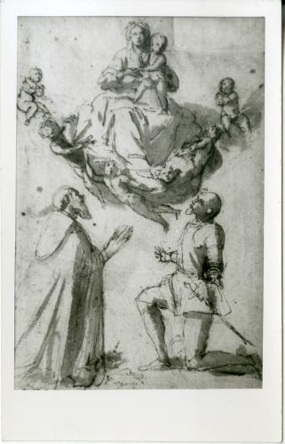 Estudio de un religioso y un caballero de rodillas adorando a la Virgen con el Niño (Anónimo italiano)